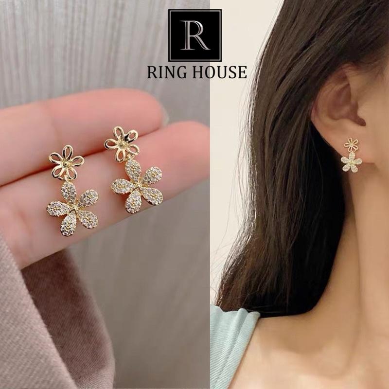 (Chuôi Bạc 925) Khuyên tai bông tai nữ đôi hoa đẹp Ring House