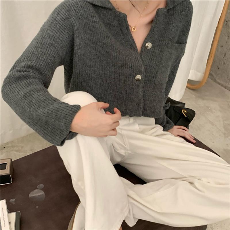 MS807 Áo len nữ dệt kim sợ to túi ngực cổ bẻ croptop