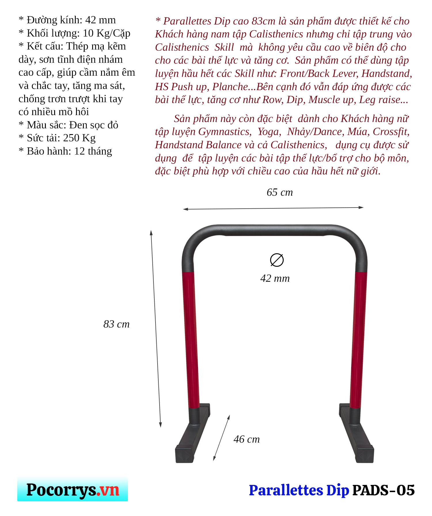 Xà kép Parallettes Dip Bars cao 83cm, Pocorrys PADS-01, Màu đen sọc đỏ