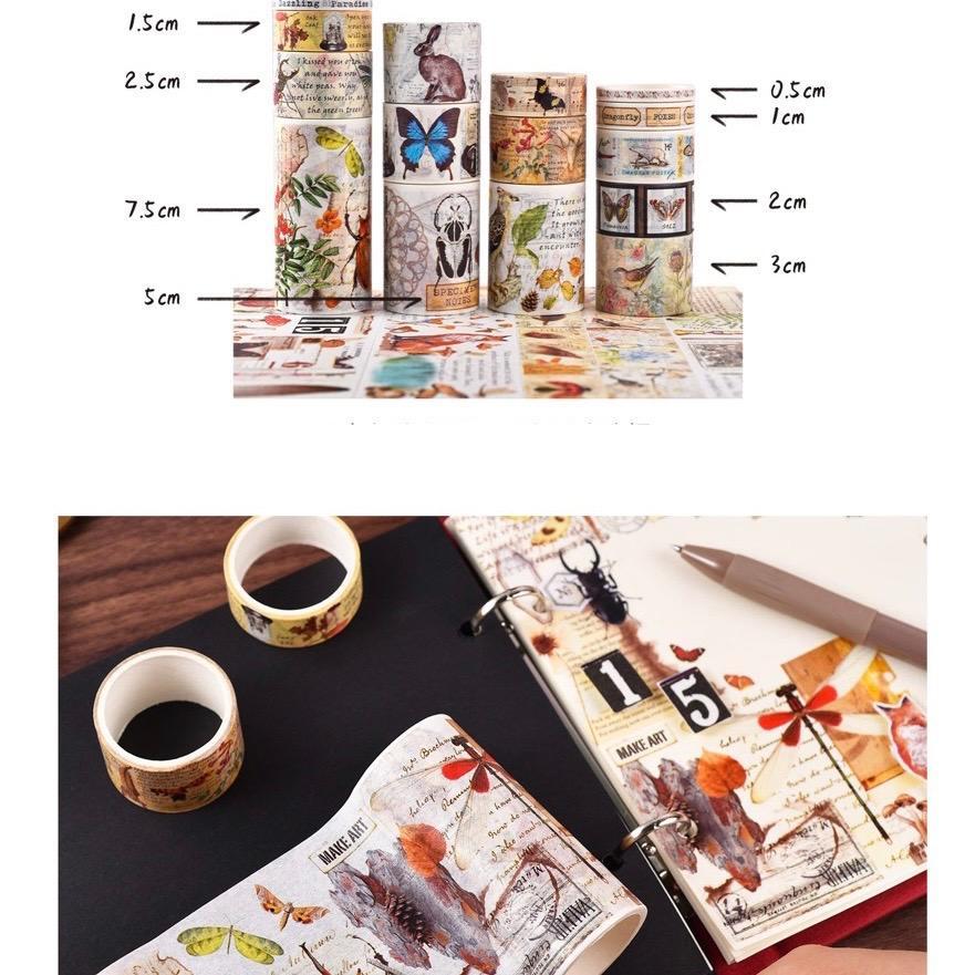 Hộp 18 cuộn washi tape cổ điển khổ từ 7.5cm dùng để trang trí sổ tay vintage