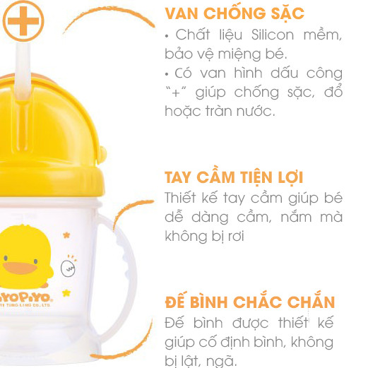 Bình tập uống Piyo Piyo nắp trượt hình chú vịt có hai tay cầm 250ml - PY830350