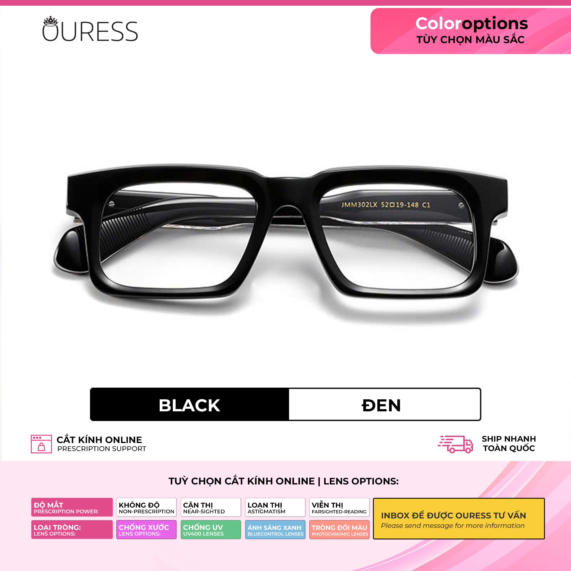 Gọng kính nhựa acetate 302LX cận /viễn/loạn thời trang cao cấp nam nữ siêu bền OURESS