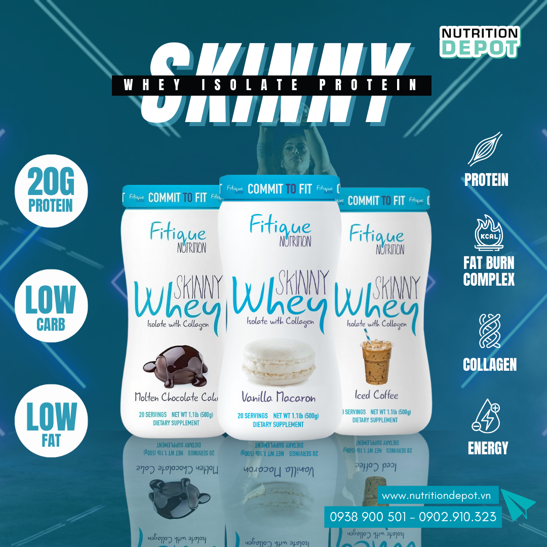 Sữa tăng cơ giảm mỡ chứa Collagen dành cho Nữ Skinny Whey Isolate Fitique Nutrition hũ 500g vị Vanilla Macaron - Nutrition Depot