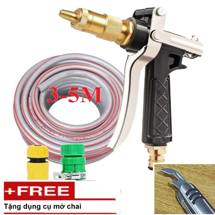Bộ dây vòi xịt nước rửa xe, tưới cây . tăng áp 3 lần, loại 3m, 5m 206236 K đầu đồng,cút,nối vàng+ tặng mở chai