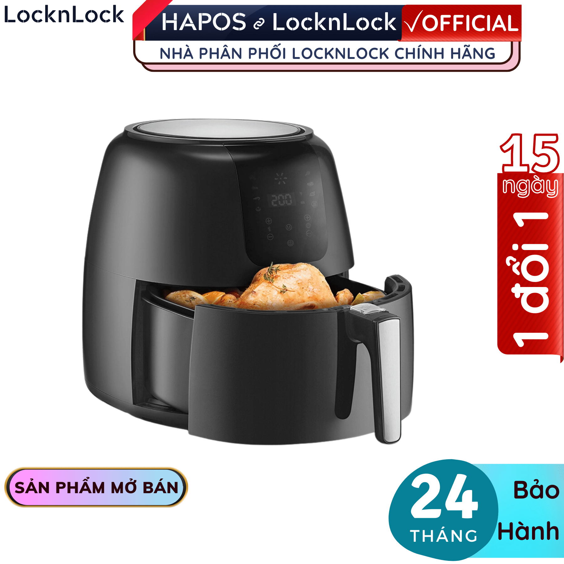 Nồi chiên không dầu Lock&Lock 7.2L EJF296BLK - Hàng chính hãng, chiên được nguyên con gà, tặng kèm chảo nướng - Hapos