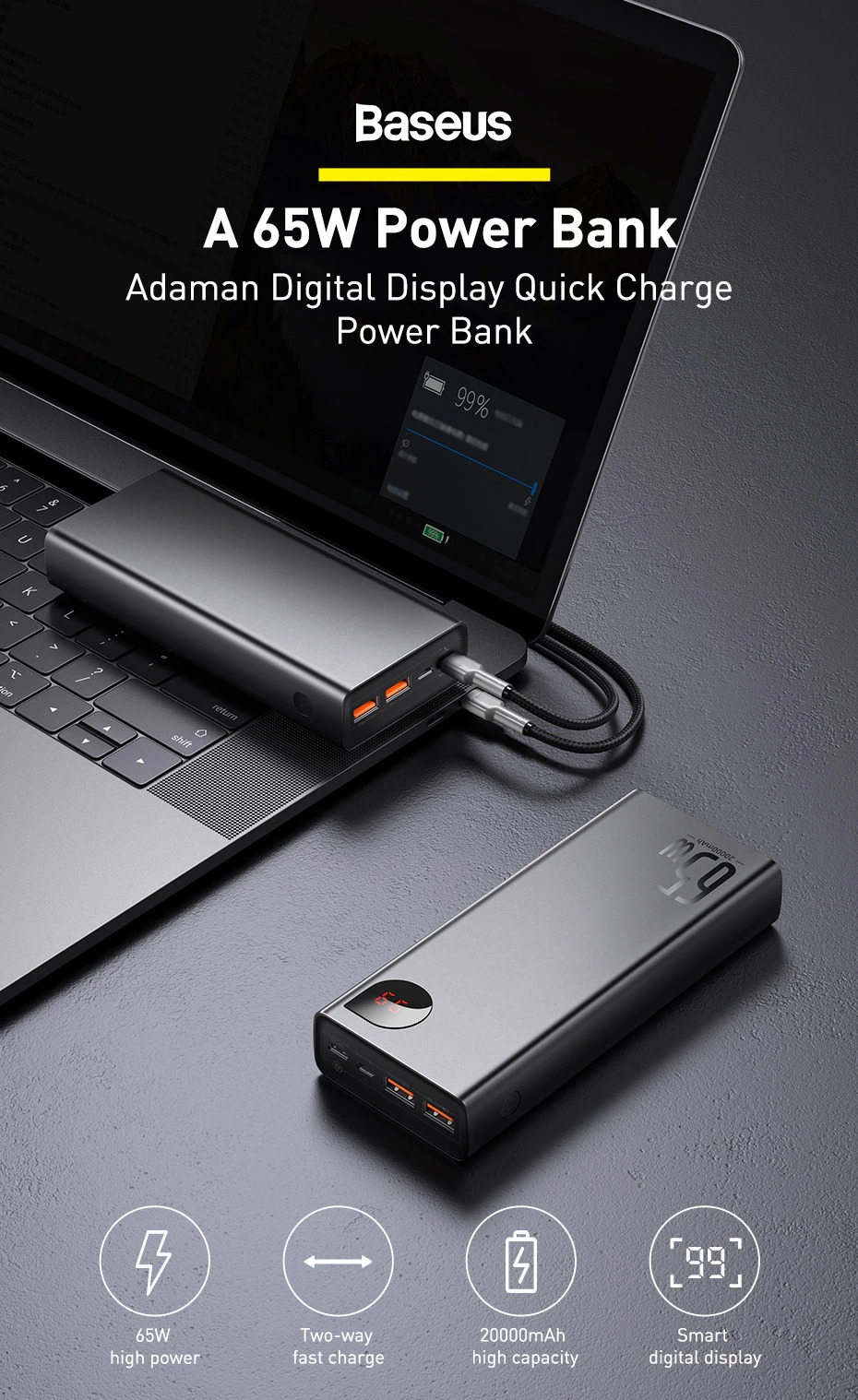 Pin sạc dự phòng Baseus Adaman Digital Display Quick Charge Power Bank 20000mAh 65W - Hàng Chính Hãng