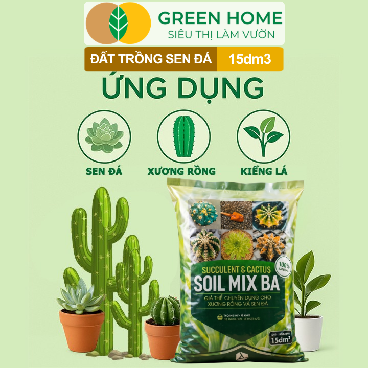 Đất Trồng Sen Đá GreenHome, Soil Mix BA, Bao 15dm3 ~ 6kg, Trộn Sẵn, 70% Đá Khoáng, Thoát Nước Tốt