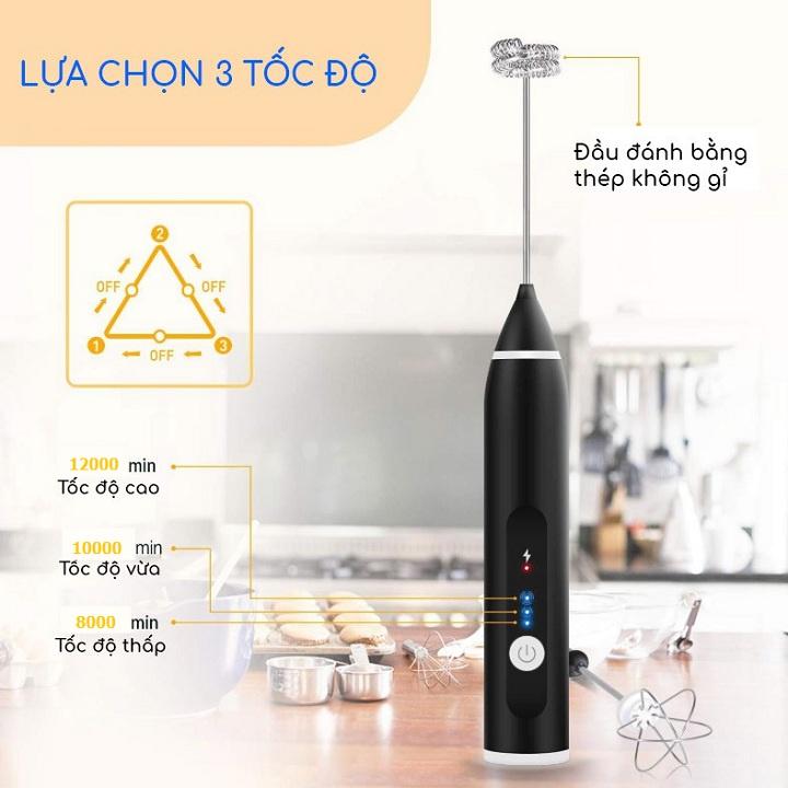 Máy Đánh Trứng Đánh Sữa Và Tạo Bọt Cafe Di Động Cầm Tay 3 Tốc Độ Sử Dụng Sạc USB Thép Không Gỉ Cao Cấp