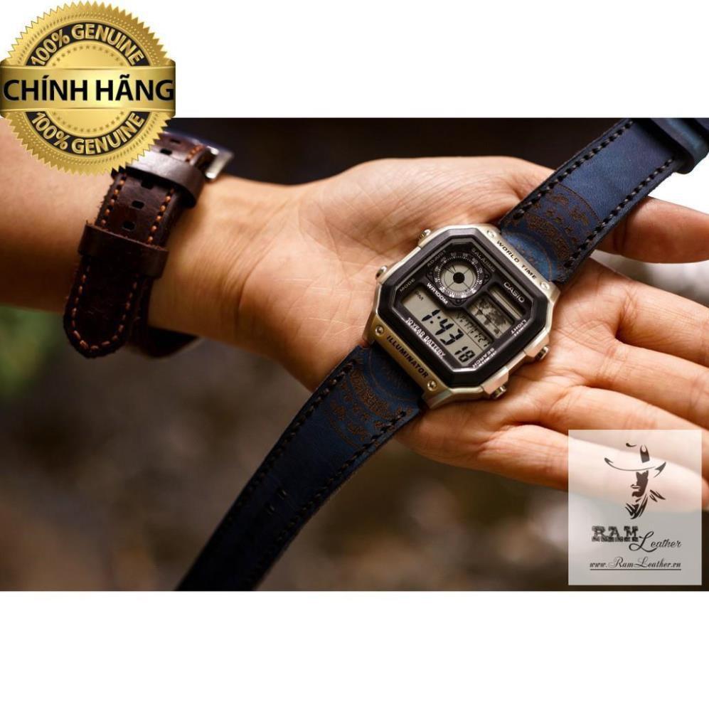 DÂY ĐỒNG HỒ DÀNH CHO CASIO/SEIKO DA BÒ THẬT XANH NAVY TRỐNG ĐỒNG - HÀNG CHÍNH HÃNG