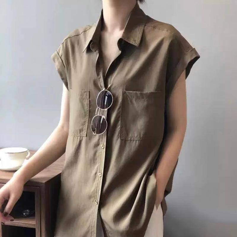 Áo Sơ Mi Nữ Tay Ngắn Form Rộng Dáng Dài Hai Túi Cổ Bẻ Thời Trang JayS TOP NU 075 - Nâu