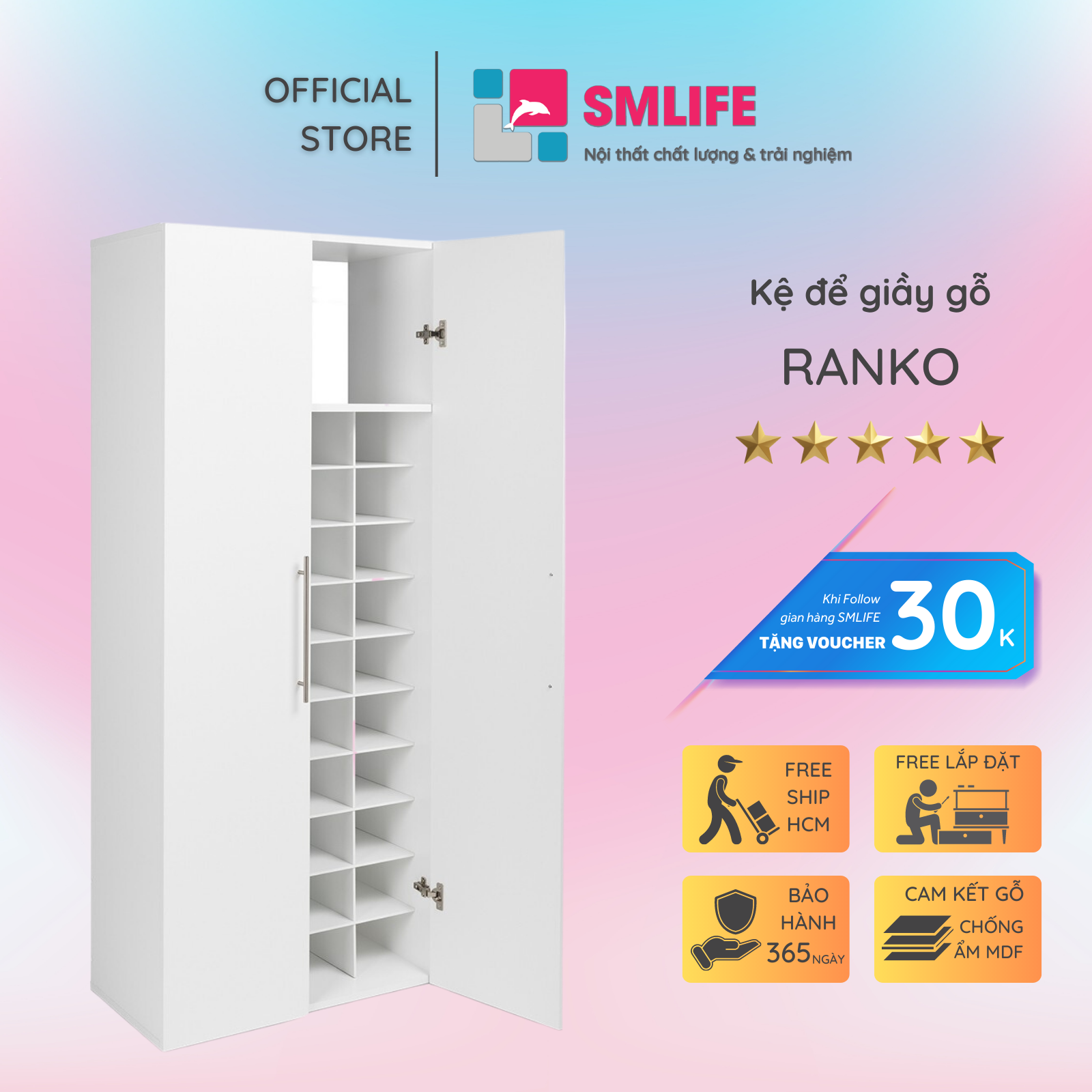 Kệ để giầy gỗ hiện đại SMLIFE Ranko | Gỗ MDF dày 17mm chống ẩm | D90xR40xC200cm