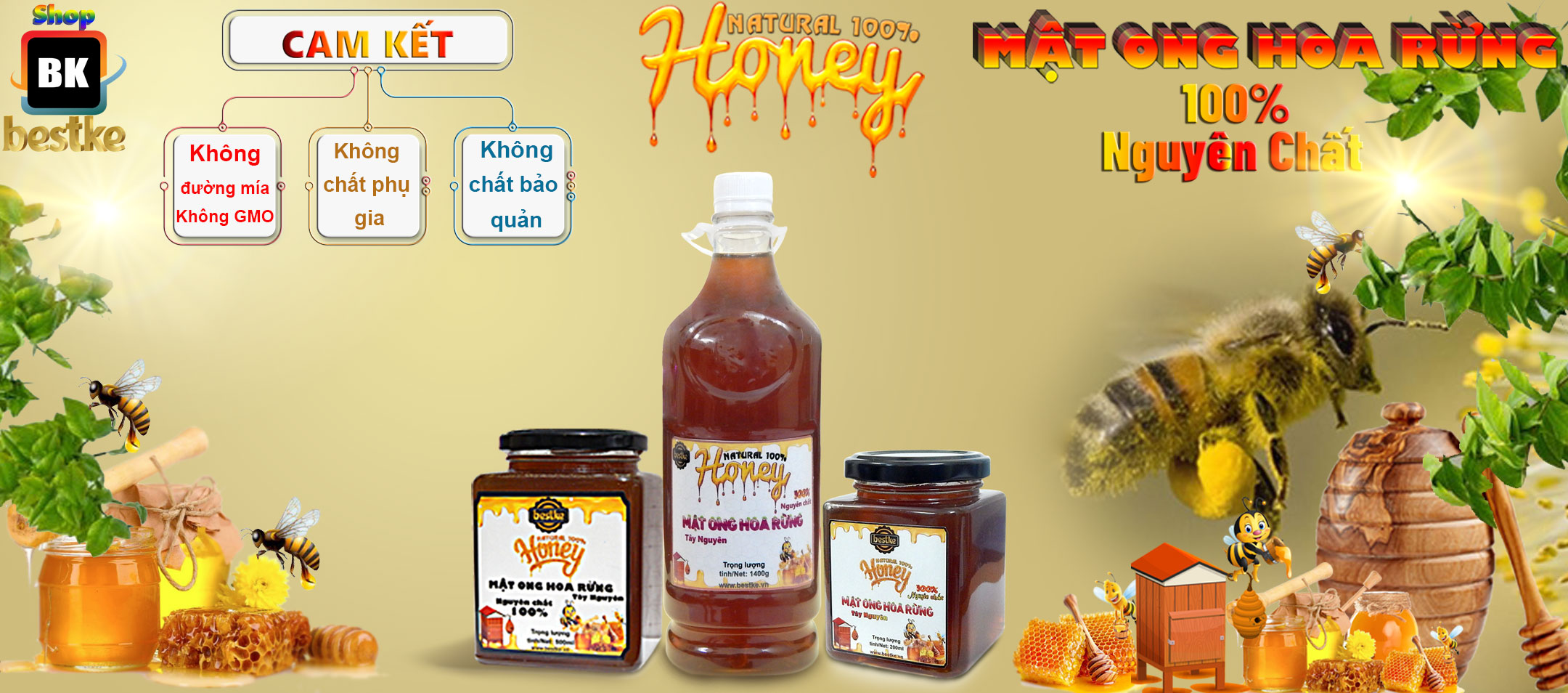 Mật ong hoa rừng Tây nguyên, nguyên chất, Hũ 200ml, 100% natural honey, Bestke