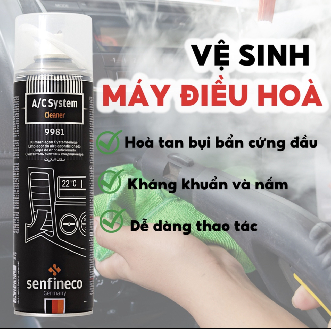 Xịt Khử Mùi Nội Thất Điều Hòa Ô Tô Senfinecon Aircon Fresh and Clean 9980 Hương Chanh Nhẹ Nhàng Dễ Chịu 200ml