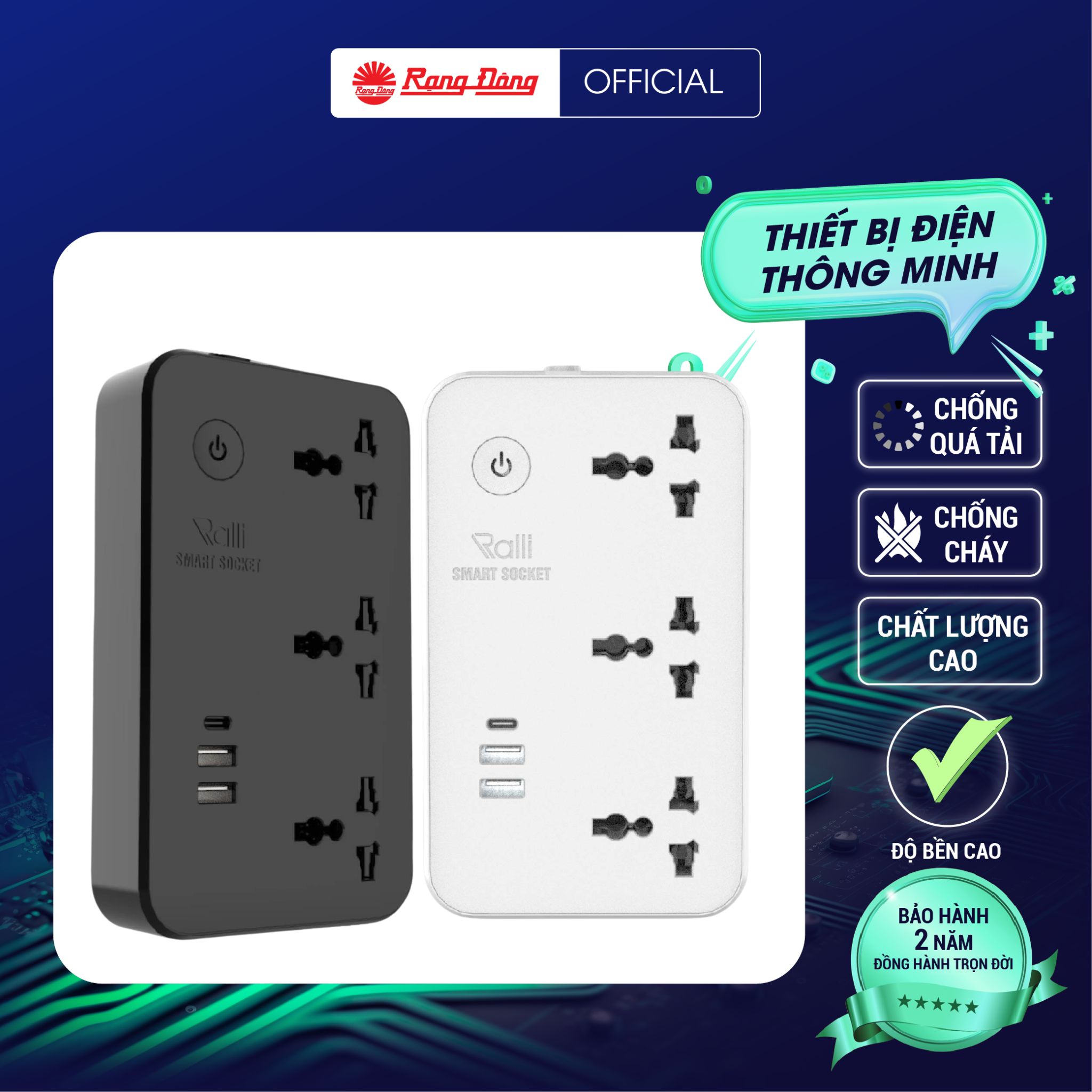 Ổ cắm thông minh Wifi Rạng Đông Model: OC08.WF.USB 3C/10A kết nối không dây, điều khiển được từng chân cắm, hẹn giờ, cài kịch bản