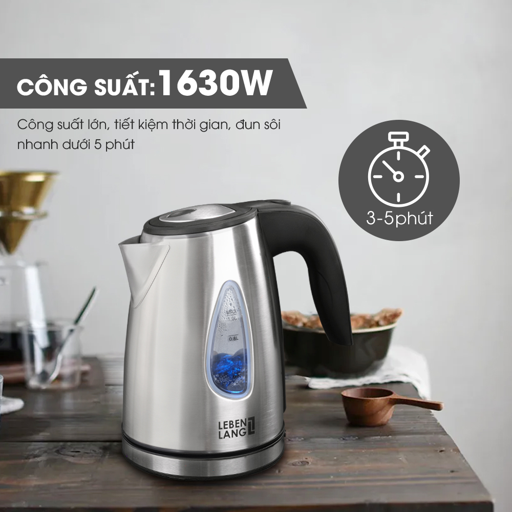 Ấm siêu tốc mini Lebenlang LBL2839, công suất 1630W, dung tích 1L, inox 304, thiết kế nhỏ gọn tiện lợi, bảo hành 2 năm - hàng chính hãng