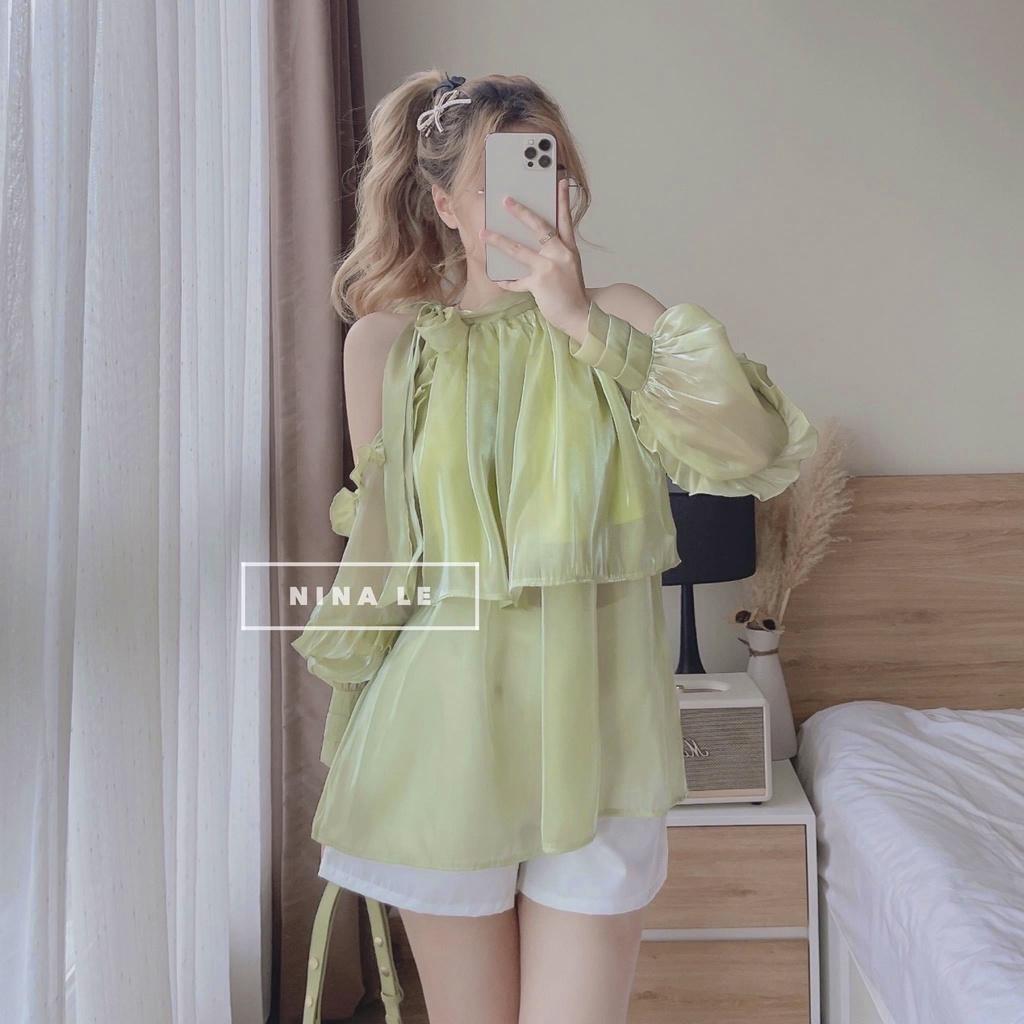 Áo bèo cổ nơ dáng yếm khoét vai tay rơi chất tơ ngọc tra.i, Áo bánh bèo cổ yếm màu xanh da trời, kem be