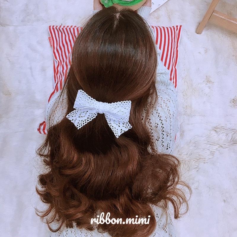 Kẹp Tóc Nơ Ren Handmade Họa Tiết Hoa Trắng / Kem Cao Cấp Ribbon.mimi Lace cột / kẹp