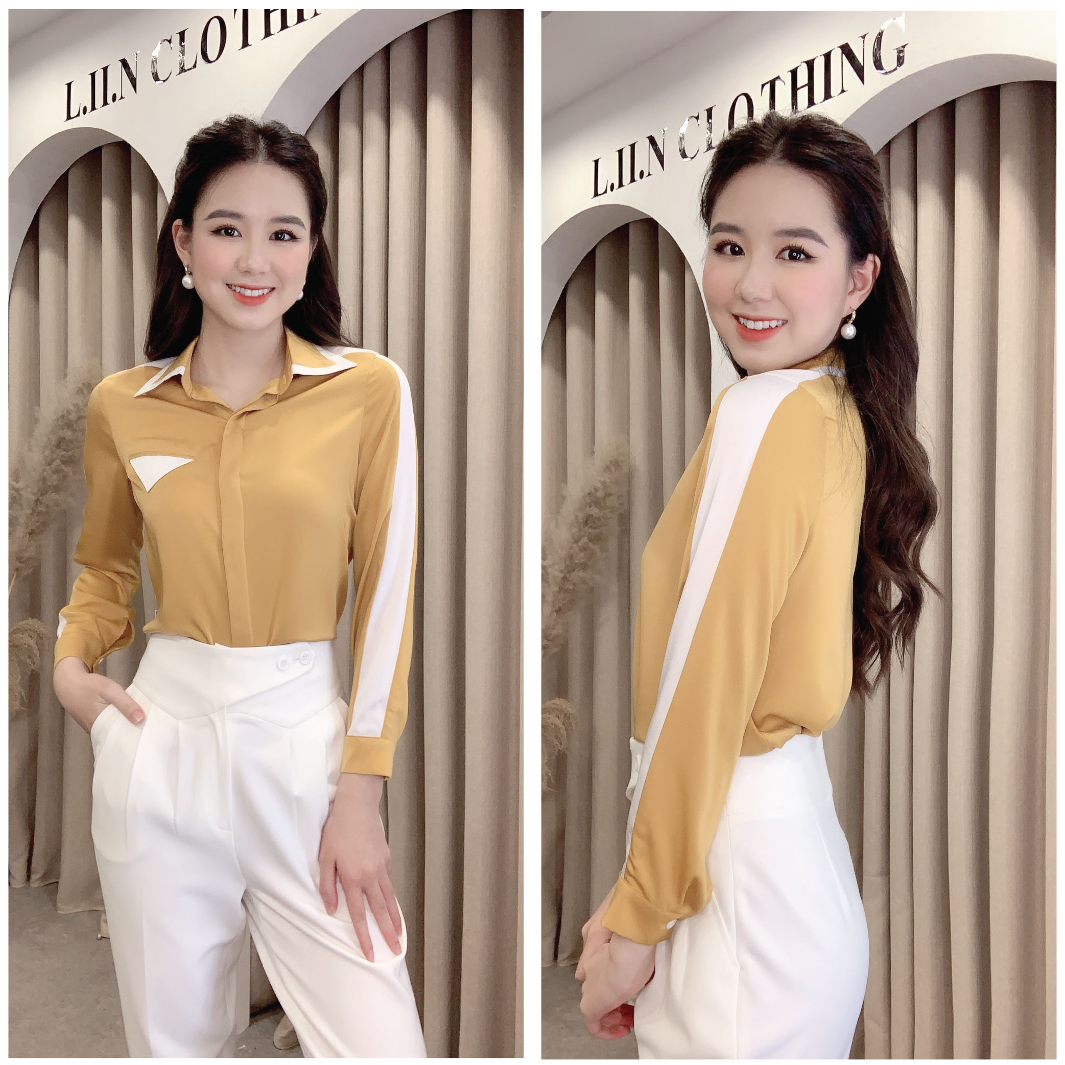 Áo sơ mi dài tay màu vàng mix viền trắng chất lụa đẹp, kiểu giấu cúc thanh lịch LINBI SM3961