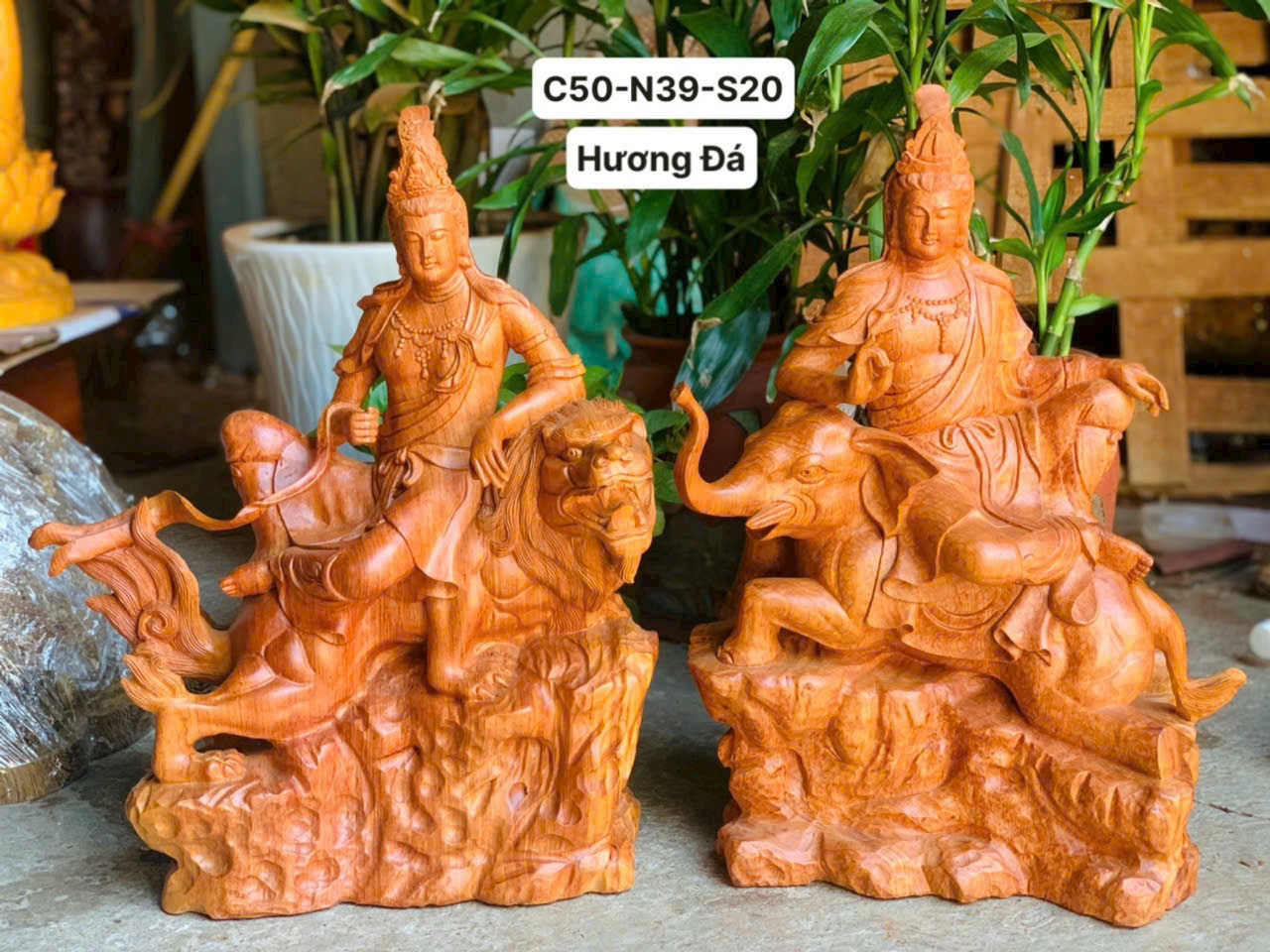 Cặp  Tượng văn thù _phổ hiền bồ tát bằng gỗ hương kt cao 50×39×20cm