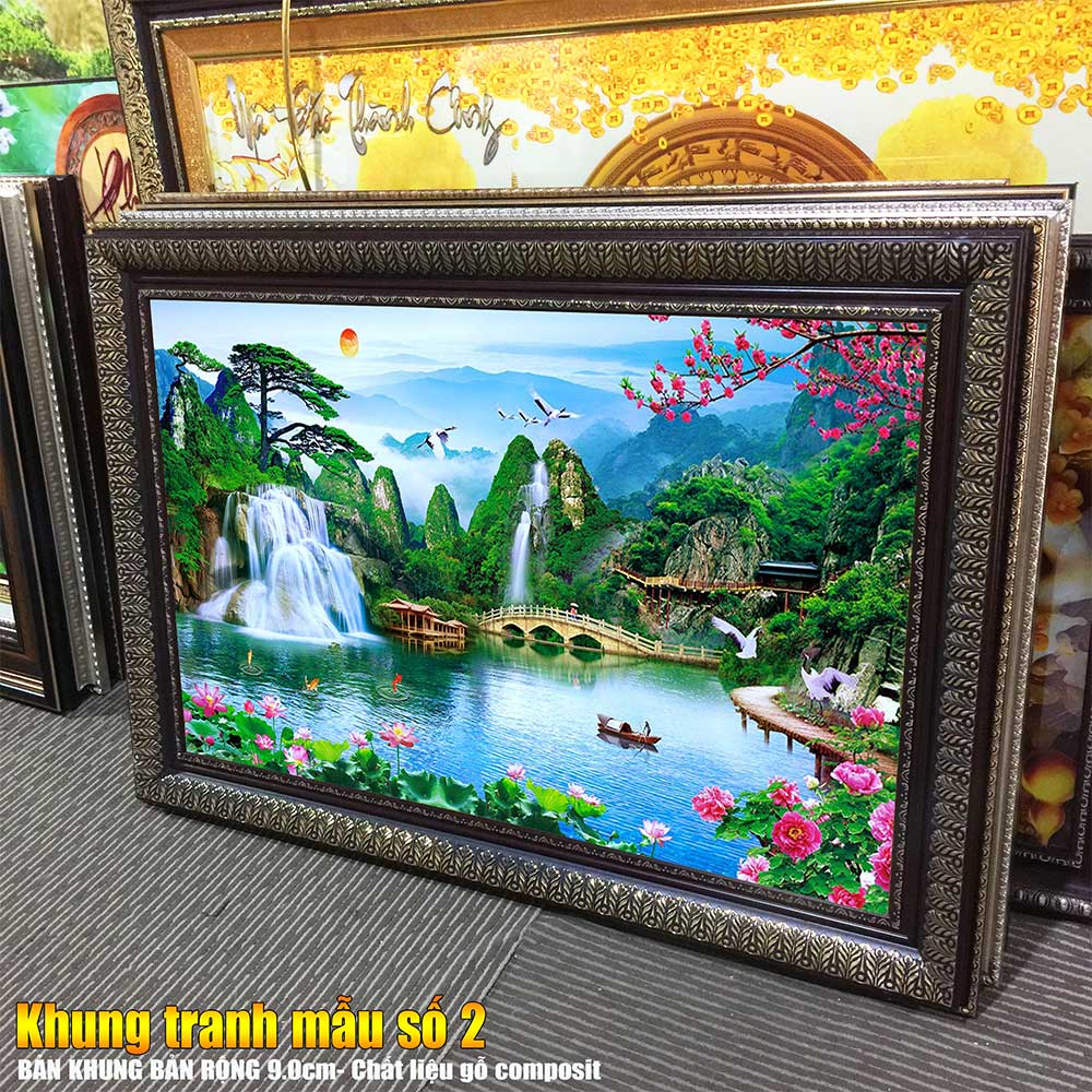 Tranh treo tường phòng khách, phòng ngủ SƠN THỦY HỮU TÌNH khung gỗ composit chất liệu pvc gương / lụa kim sa. MS:1713L9