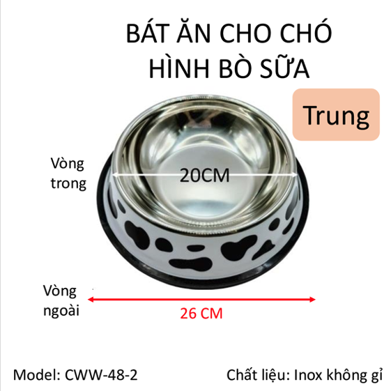 Bát ăn thú cưng, bát ăn chó mèo hình bò sữa, chất liệu inox an toàn sử dụng cho vật nuôi. Bát có 3 kích thước 18cm, 26cm, 34cm. Bát ăn size vừa 26cm