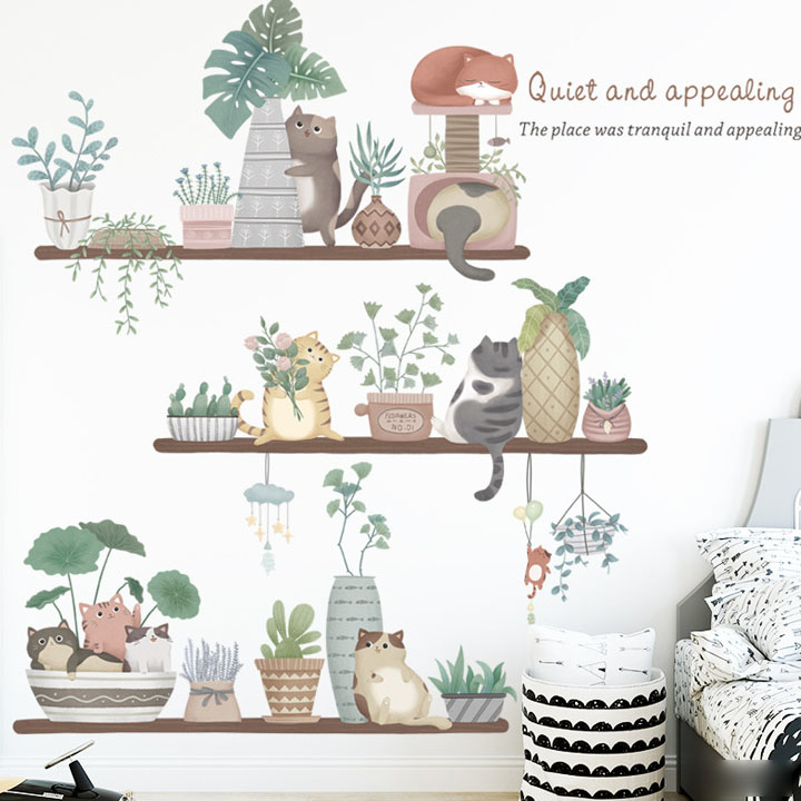 Decal trang trí chất liệu PVC loại 1 dày dặn, sắc nét, trang trí phòng khách, quán cafe-Kệ chậu cây mèo-LV19
