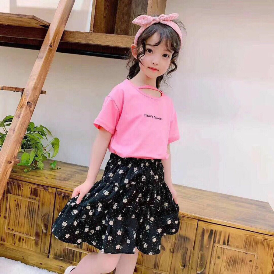 Set áo thun cách điệu cổ và chân váy hoa cho bé gái 5-9 tuổi từ 20 đến 30 kg 02595-02598