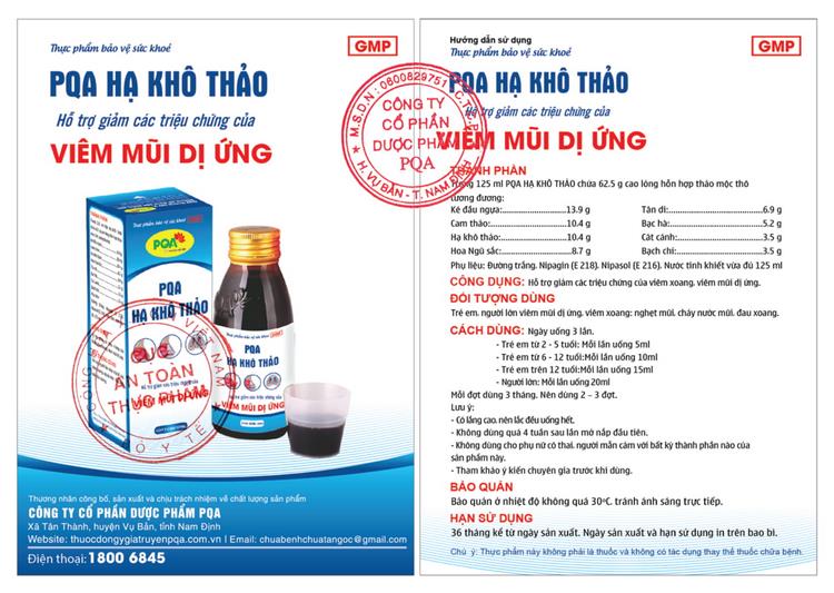 Hạ Khô Thảo PQA Hỗ Trợ Thông Mũi, Thông Thoáng Đường Thở Và Viêm Mũi Dị Ứng Hộp 125ml