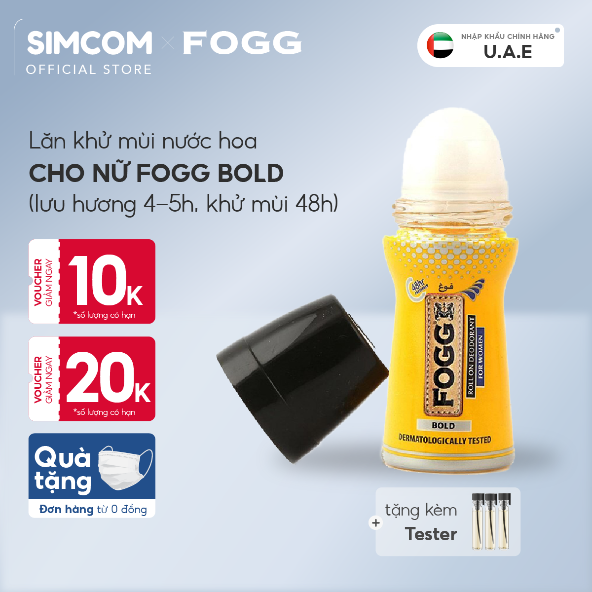 Lăn khử mùi hương nước hoa FOGG Bold 50ml, chính hãng dubai, dành cho nữ, dùng để lăn nách, giảm thiểu mùi cơ thể, lưu hương lâu 4-5 tiếng, khử mùi 48h, không kích ứng da, không thâm nách, không ố áo, Simcom