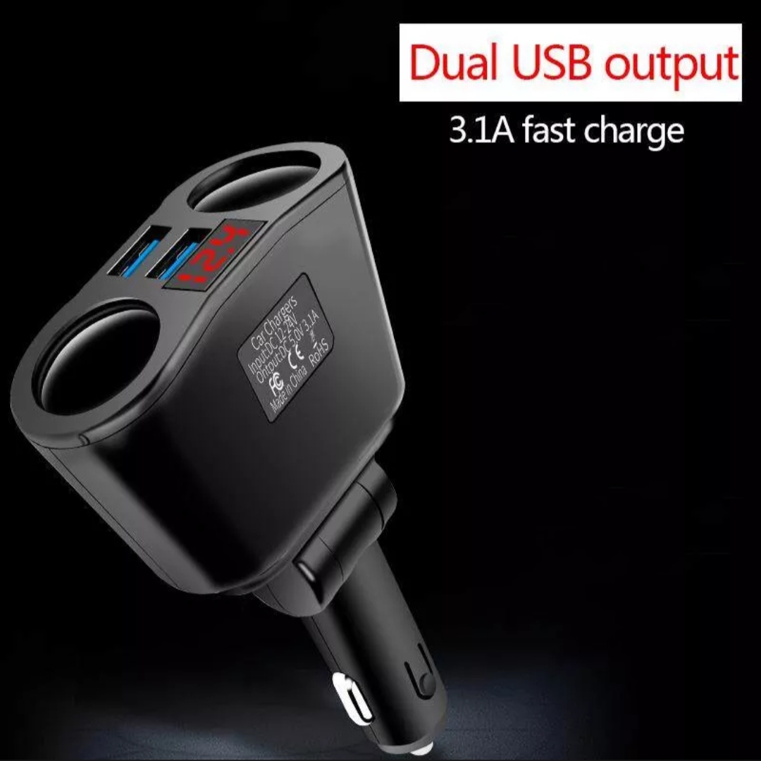 Thiết bị chia tẩu sạc trên xe hơi ô tô 2 cổng đa năng có USB 3.1A kèm đồng hồ báo vôn ắc quy 12v-24v mẫu mới