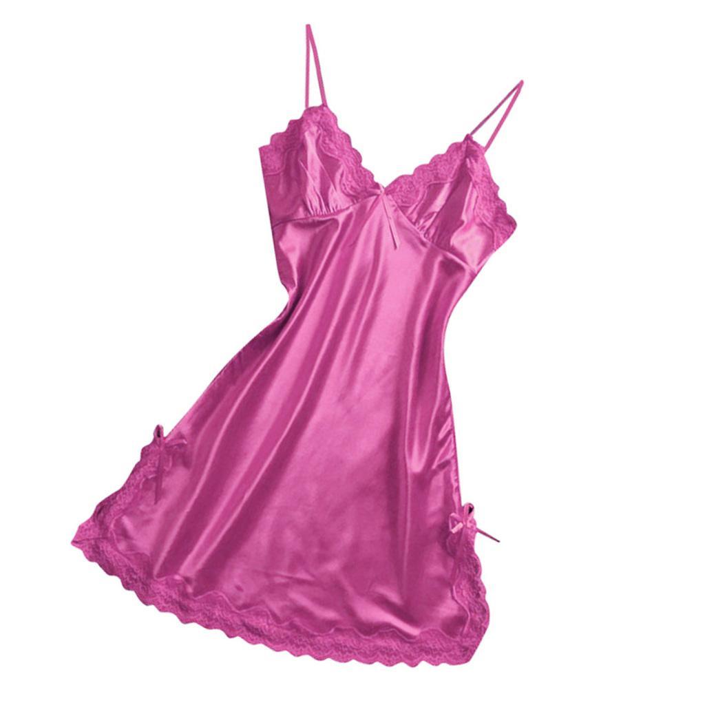 Womens Lingerie Sleepwear Satin Bowknot Lace Slip Dress S
