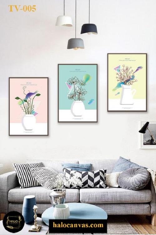 Bộ 3 Tranh Canvas Bình Hoa Trắng Nền Hồng Xanh Vàng –