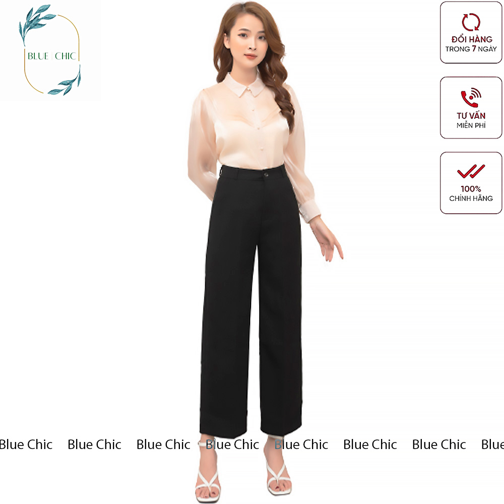 Quần ống rộng Blue Chic lưng cạp cao baggy vải nữ dài suông loe culottes xuông màu đen