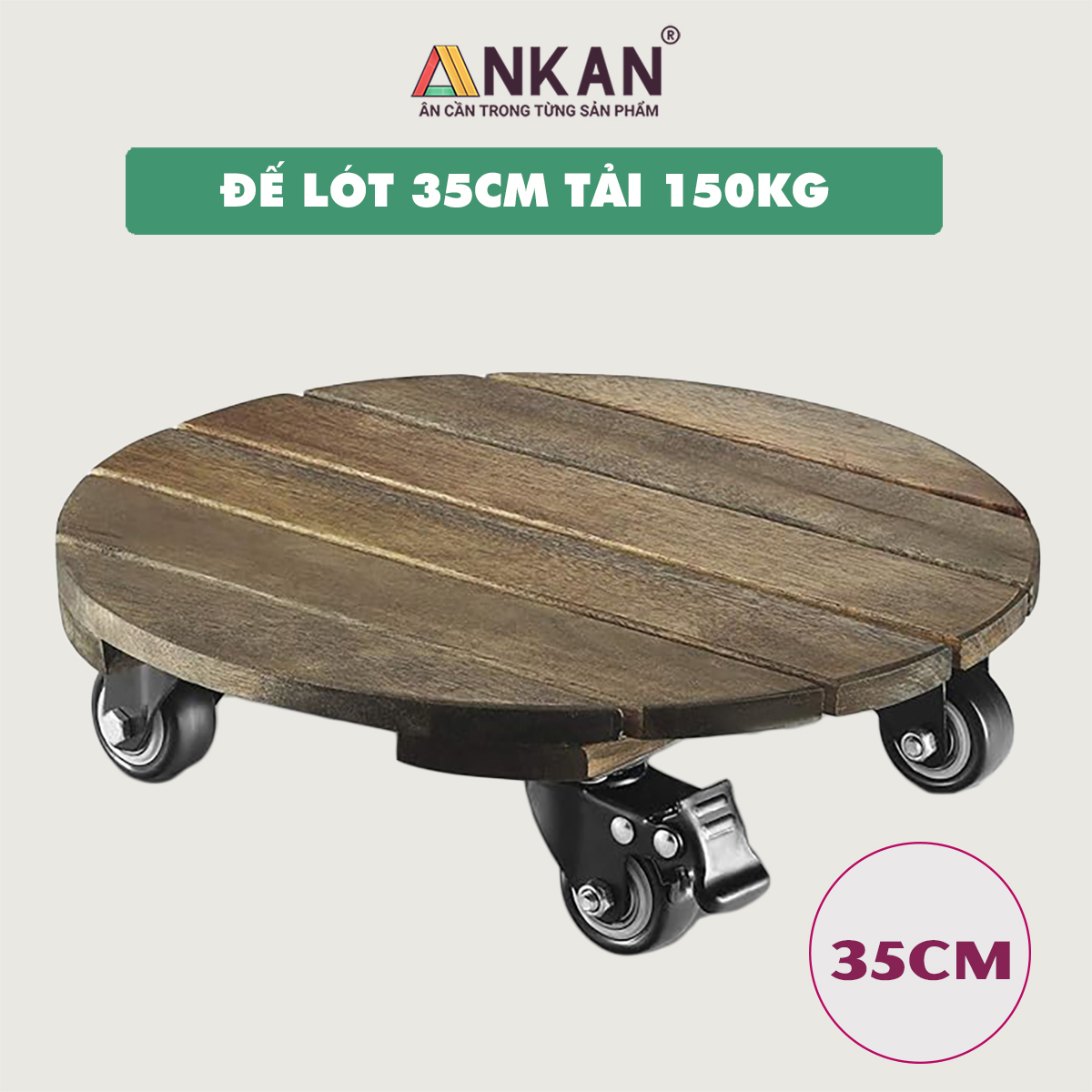 Đế Lót Chậu Cây Có Bánh Xe Cao Cấp ANKAN, Tròn Màu Xám Đen R35cm, Tải trọng 150 Kg, Di Chuyển Chậu Cây Êm Ái, Không Ồn