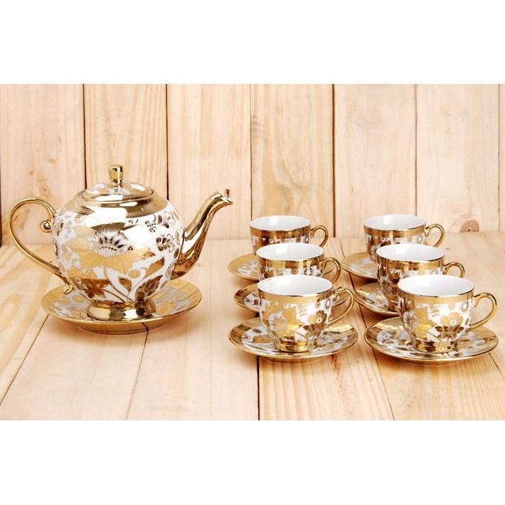 Bộ tách trà hoa văn nhũ vàng hoàng gia 6 ly kèm 7 dĩa- Bộ ấm pha trà giao mẫu ngẫu nhiên dùng làm quà tặng cao cấp