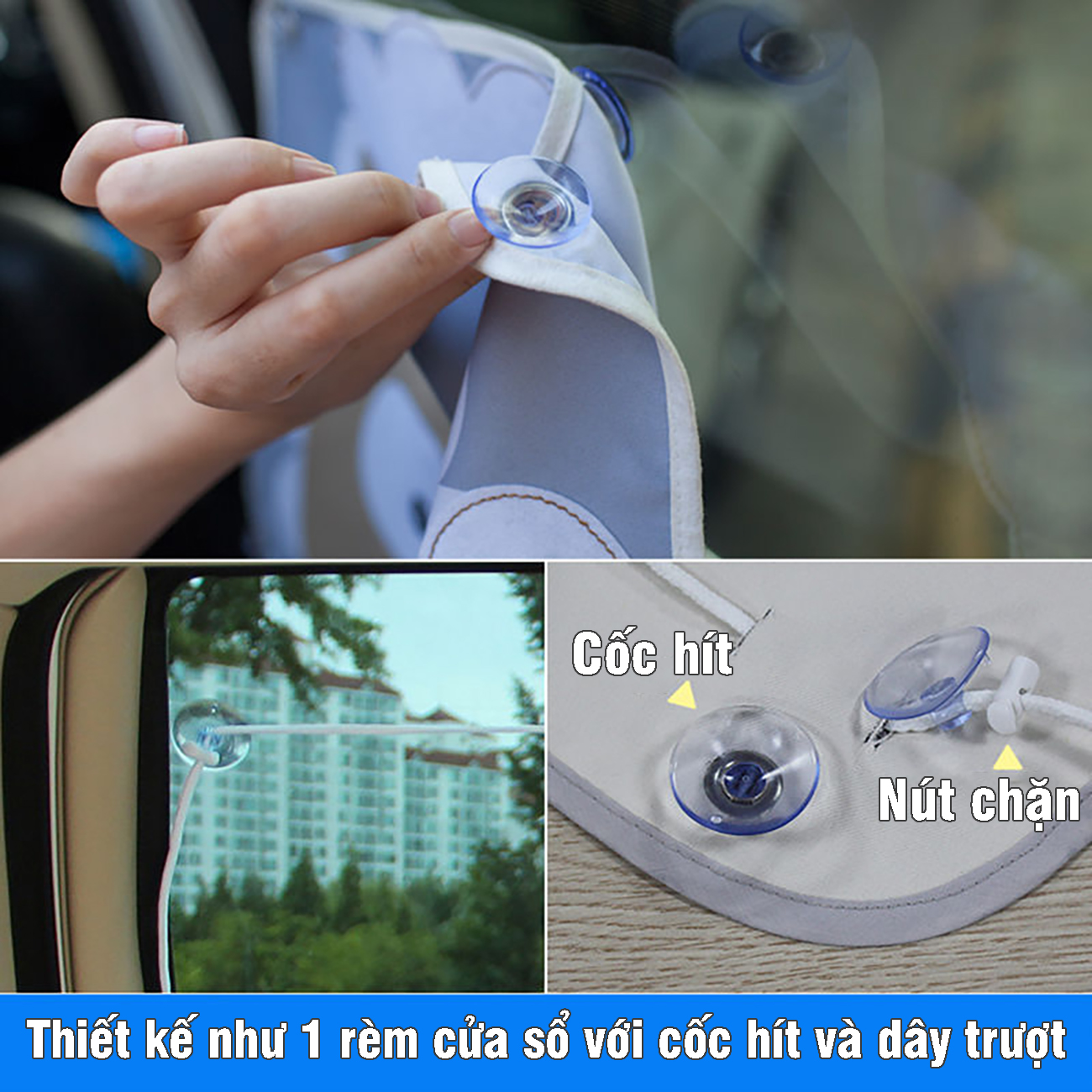 Màn rèm che nắng 2 lớp kèm cốc hít kính xe ô tô xe hơi cho bé mẫu hoạt hình dễ thương có dây trượt đóng mở