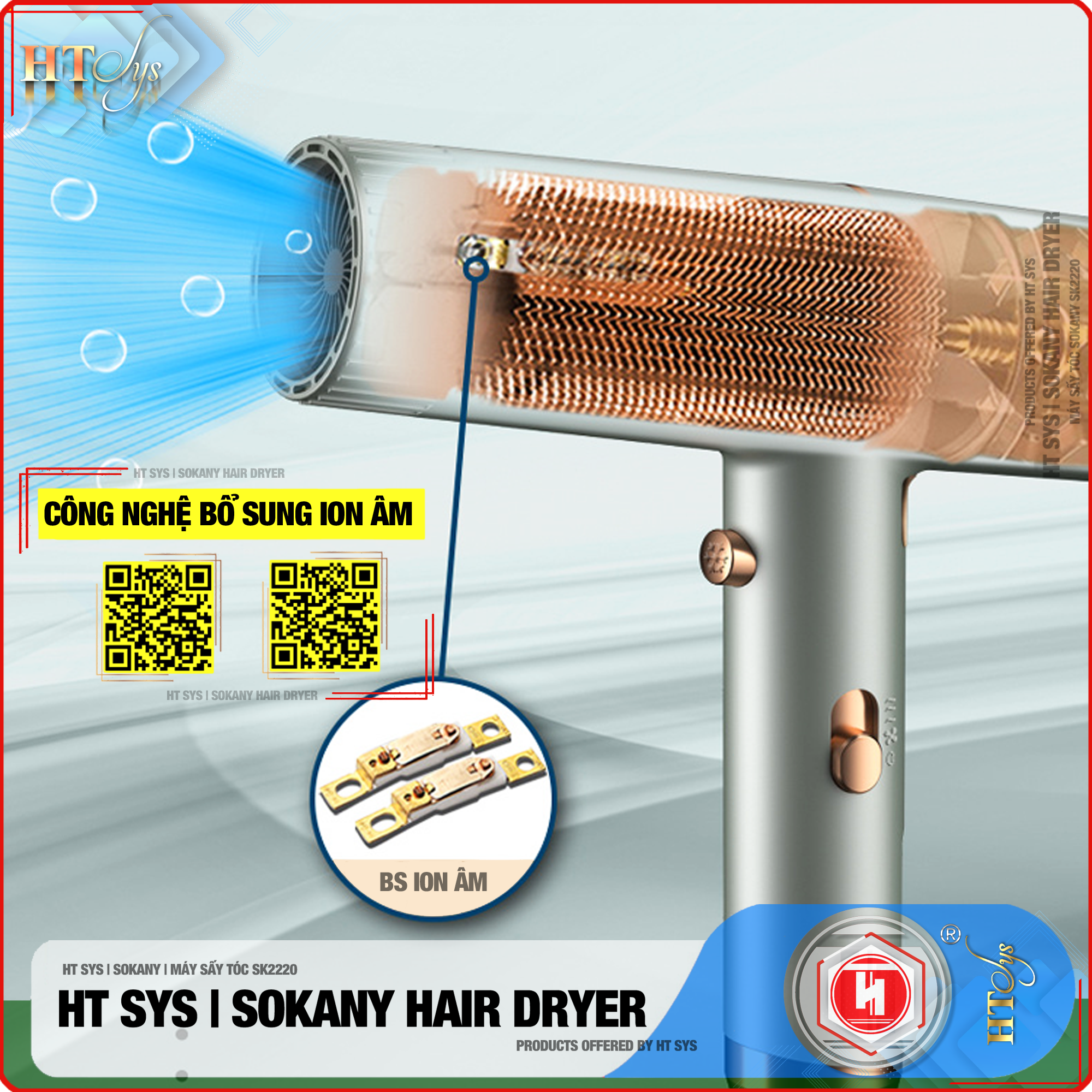 Máy sấy tóc ion âm HT SYS - SOKANY2220 - Kiểu dáng chữ T sang trọng, tiện lợi, công suất 1600W chuyên dụng tại nhà và hair salon - Máy sấy tóc 2 chiều nóng lạnh có bổ sung ion dưỡng ẩm làm mềm mượt tóc - [Hàng Nhập Khẩu]