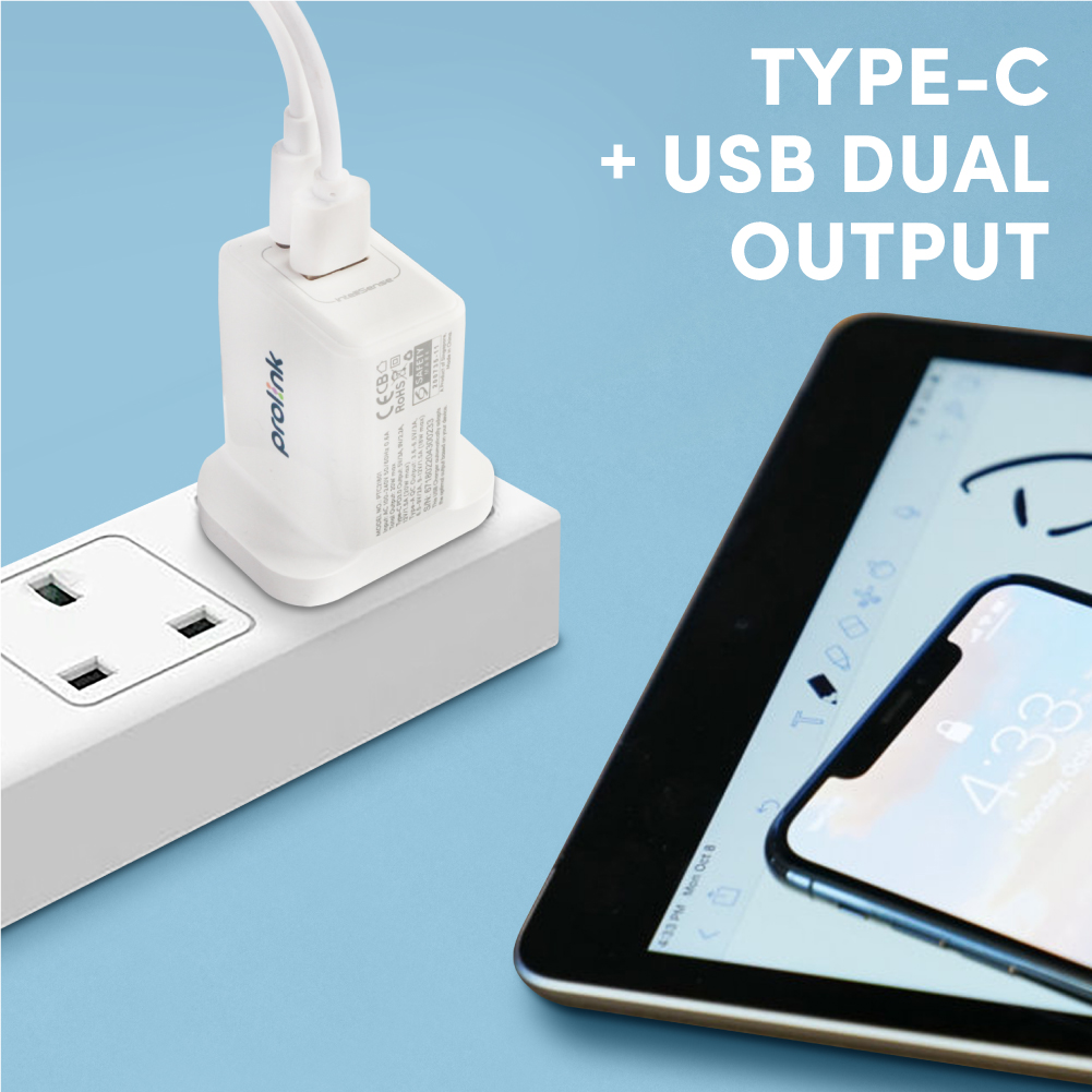 Sạc nhanh PROLINK 20W 2 cổng USB – Type C PD QC3.0 - PTC21801 – Phù hợp dùng cho iphone 12 Pro Max 2020 iphone 11 XS XR X 8 iPad Pro 2018/2019 Huawei P40 Samsung Note 10+ S20 - Hàng chính hãng