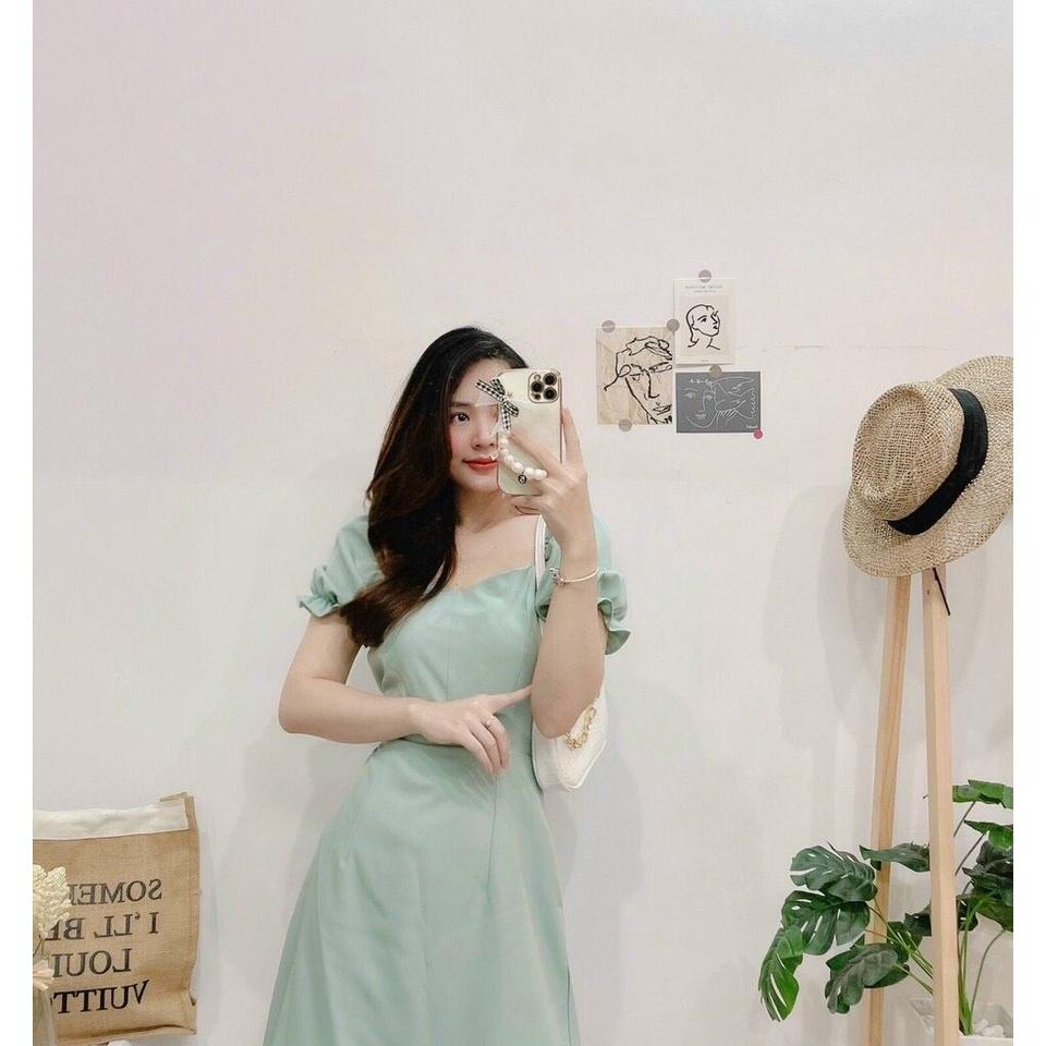 Đầm Cổ Tim Tay Nhún, Có Dây Cột Eo