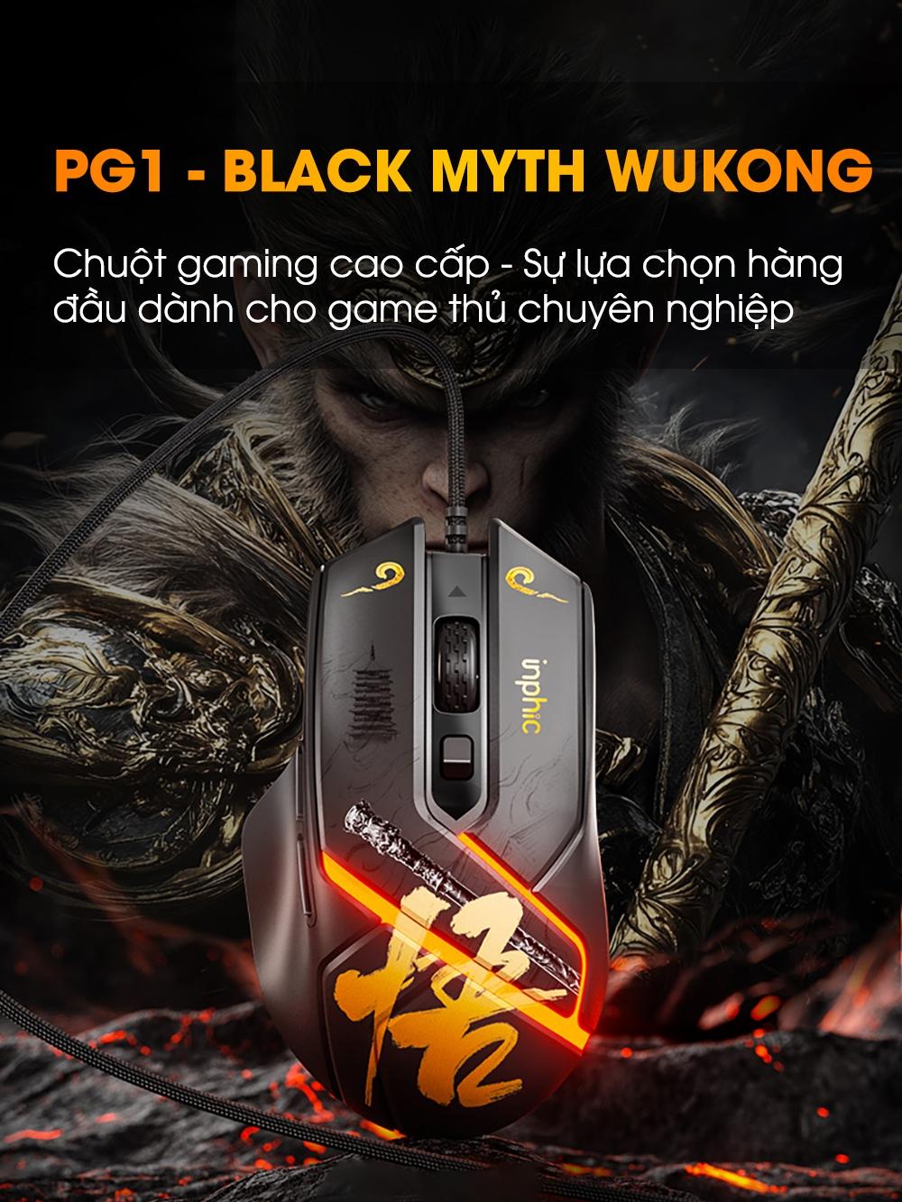Chuột gaming có dây TEKKIN PG1 Black myth wukong 6 nút bấm 1000hz led RGB có app - hàng chính hãng