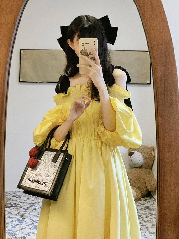 CHENGRUI Phong cách Pháp trà nghỉ công chúa phong siêu tiên khí chất một chữ cổ hở vai đầm nữ sinh mùa hè trung bình dài chữ A váy