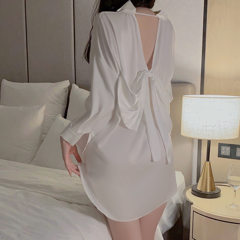 Váy áo sơ mi ngủ voan lụa màu trắng cao cấp VICKE SECVIA phối nơ sau lưng - chất liệu cao cấp mềm mịn 3287