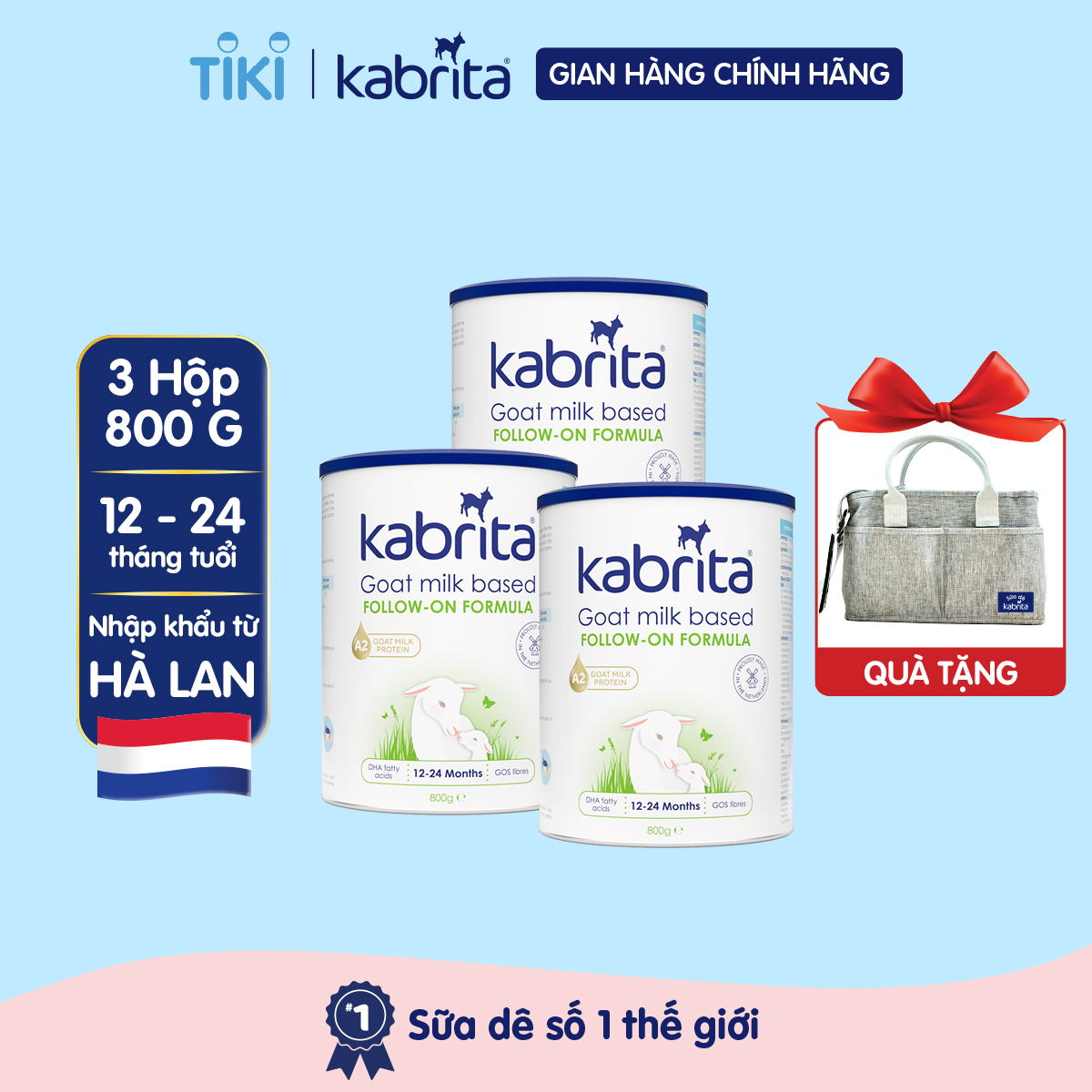 [TẶNG TÚI BỈM] COMBO 3 Sữa dê Kabrita số 2 cho trẻ từ 12- 24 tháng - Lon 800g