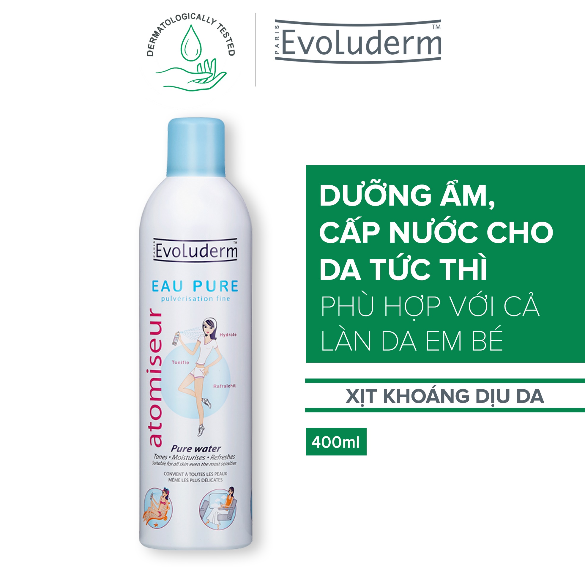 Combo xịt khoáng Evoluderm 400ml và dầu tẩy trang tinh chất hạnh nhân Evoluderm 150ml