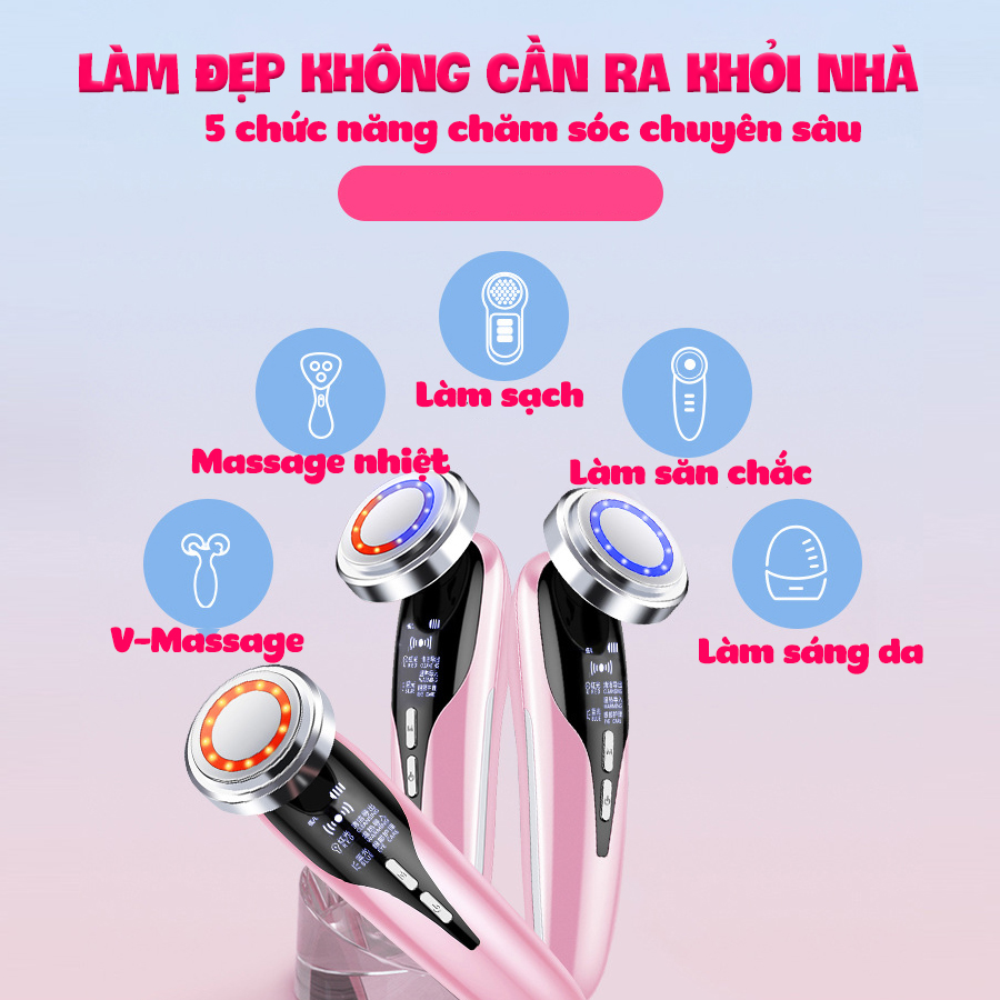 Máy massage mặt – Máy massage mặt đa năng 5 IN 1 - Máy điện di tinh chất - Máy đẩy tinh chất - MASSAGE MẶT + LÀM SẠCH + TRẺ HÓA – Pin 1200mA - Chăm sóc da mặt đa năng- HDSD Tiếng Việt