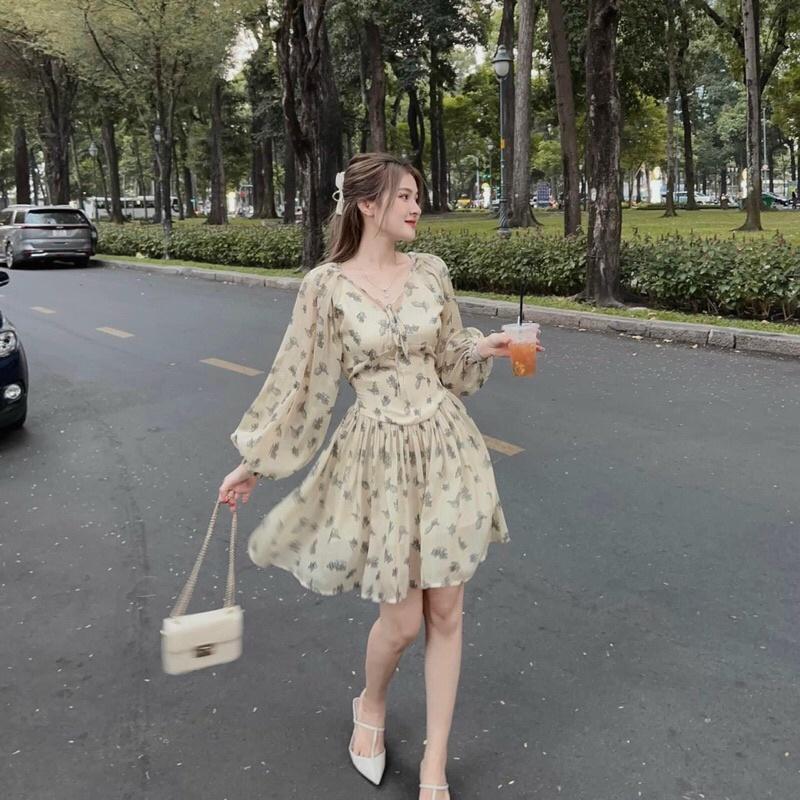 ĐẦM VÁY XOÈ VOAN HOA 2 LỚP TAY PHỒNG DÀI XINH XẮN THANH LỊCH