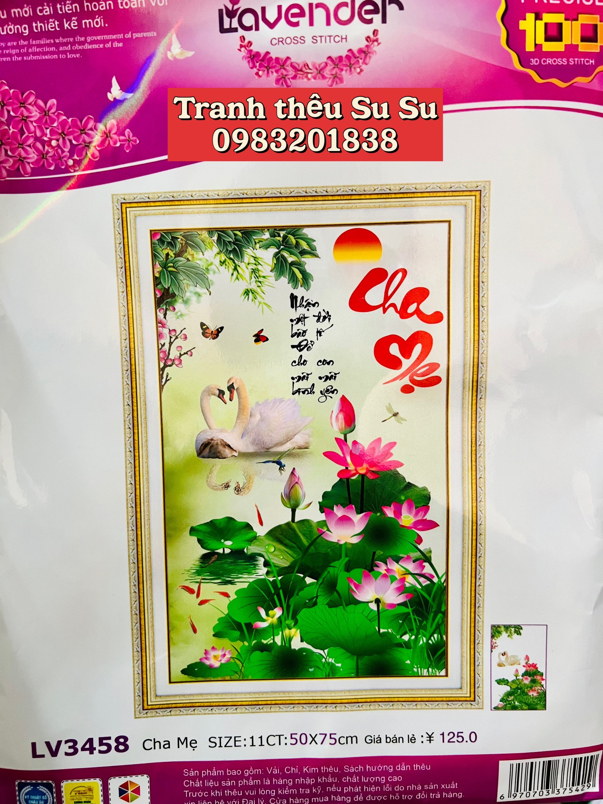 Tranh thêu chữ thập Cha mẹ LV3458, kích thước 50 x 75 cm