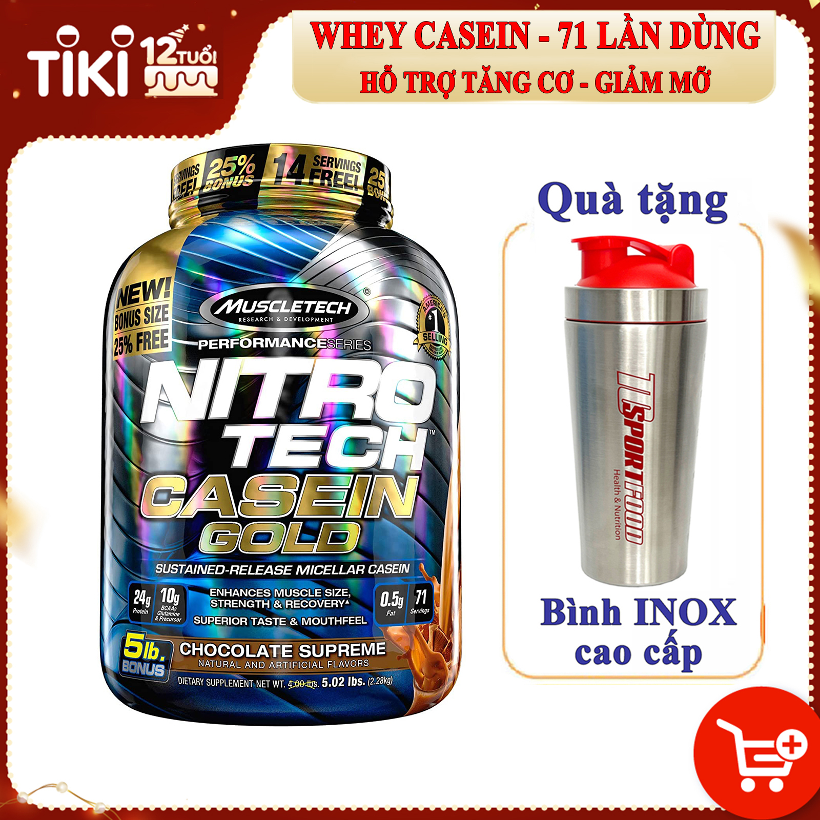 Combo Sữa tăng cơ NitroTech Casein Gold của MuscleTech hộp 71 lần dùng hỗ trợ duy trì protein cho cơ suốt 8 tiếng & Bình INOX 739ml (Mẫu ngẫu nhiên)