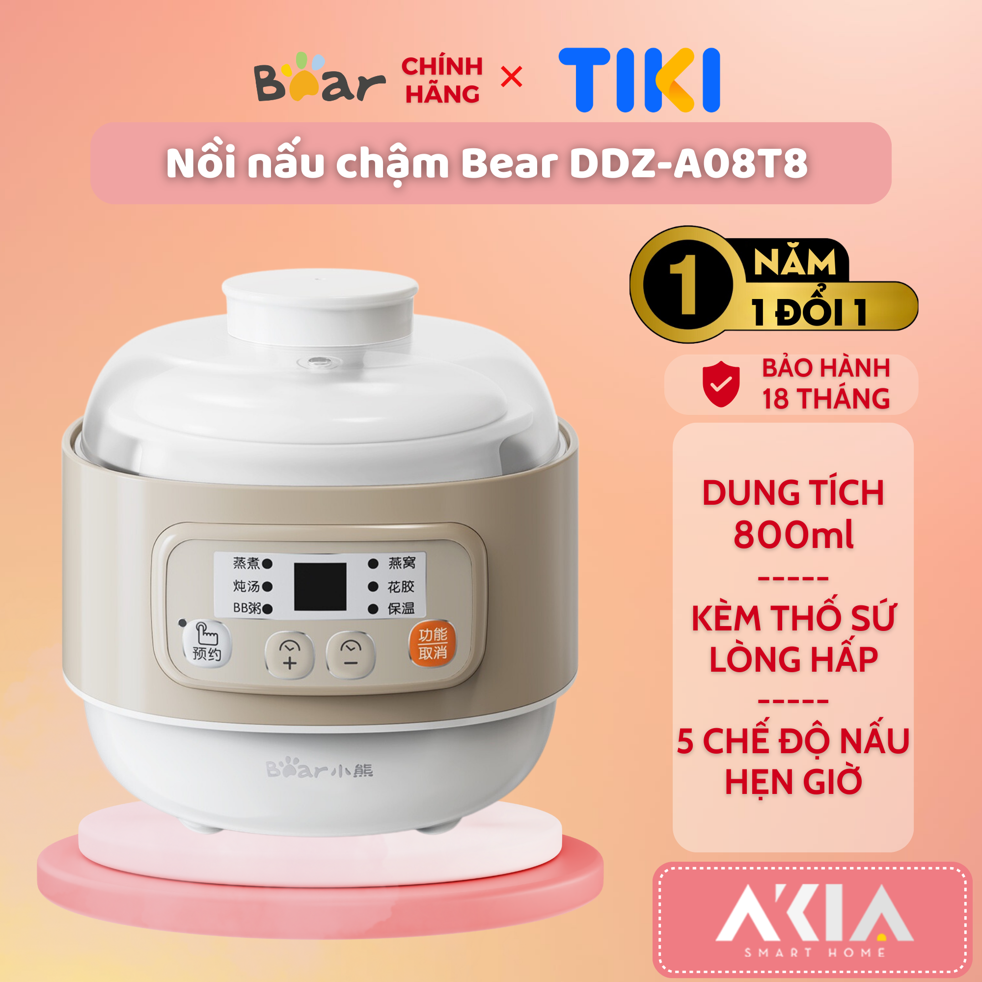 Nồi nấu chậm đa năng Bear DDZ-A08T8 (có lồng hấp) - Dung tích 800ml, Có chế độ Hẹn giờ - Hàng chính hãng