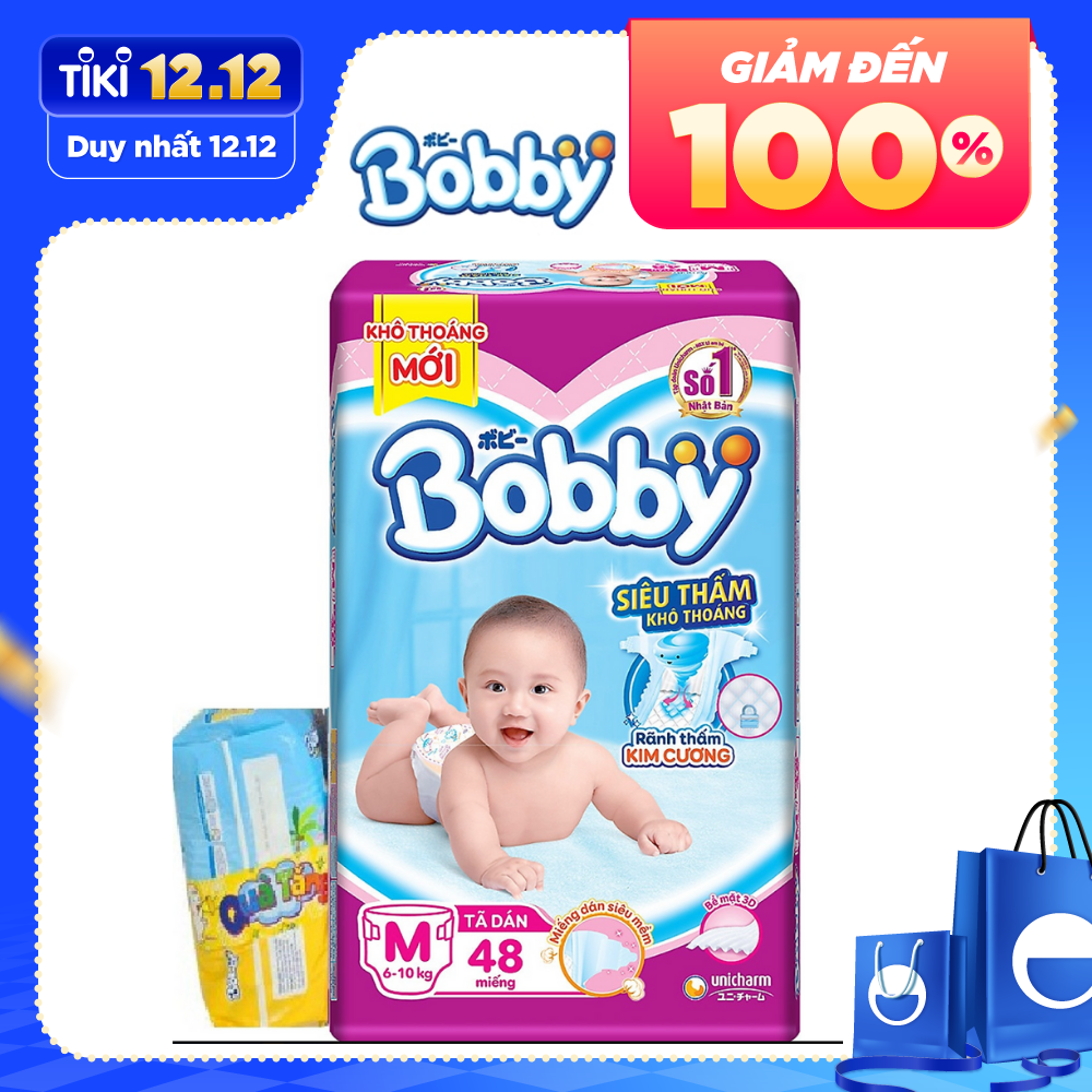 Tã Dán Bobby Siêu Mỏng Thấm Gói Lớn M48 (TẶNG 1 GÓI 6 MIẾNG TẢ QUẦN CÙNG SIZE)